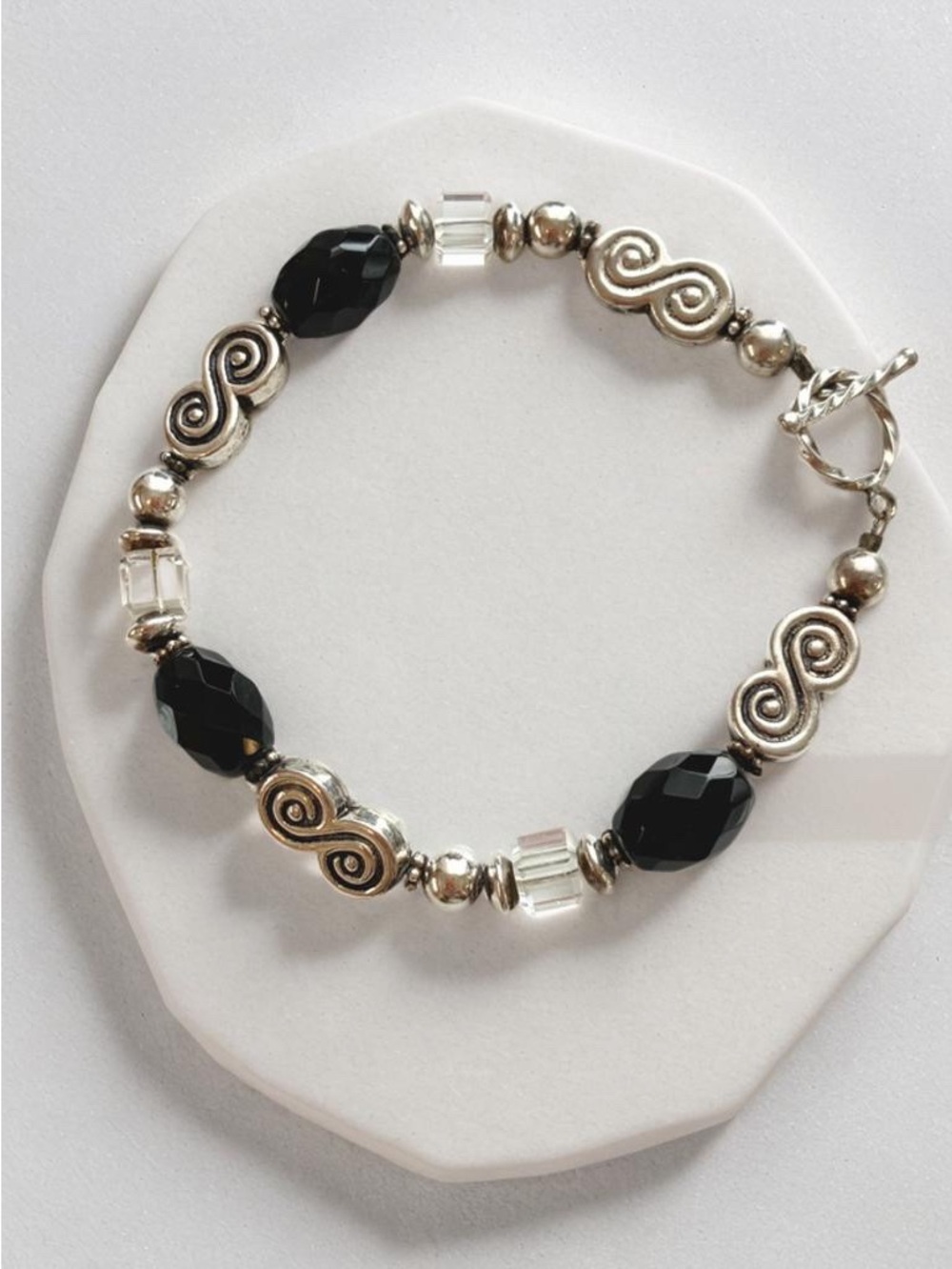 Sterling, Crystal and Onyx Bead Bracelet fit up to 7” inches